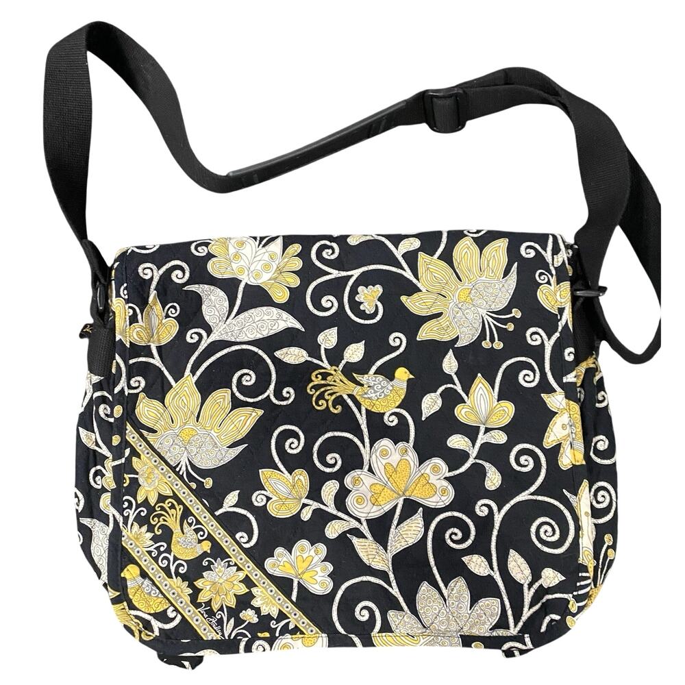 Vera Bradley Messenger Laptop Computer Bag Purse 2008 Retired Black Yellow Bird